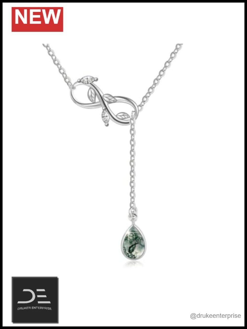 Natural Moss Agate Y Necklace Sterling Silver Infinity Leaf Pendant